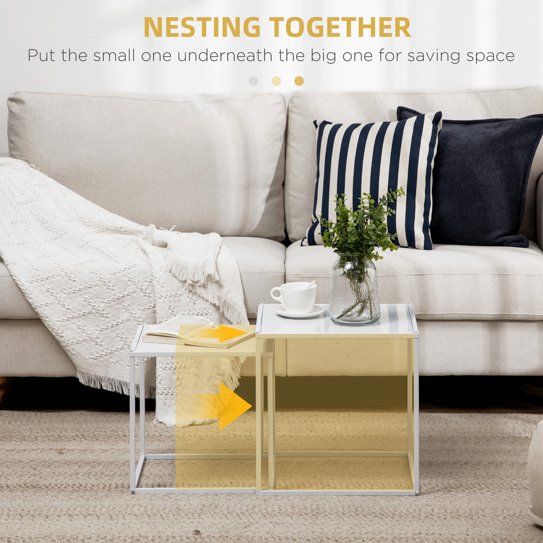Square Nesting Coffee Table Set of 2, Modern Nest of Tables, Sofa Side Tables with Steel Frame for Living Room, Bedroom, Small Space, White