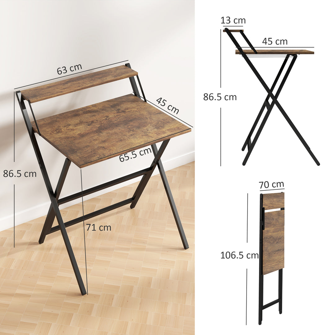 70 cm Folding Computer Desk with Monitor Shelf - Rustic Brown