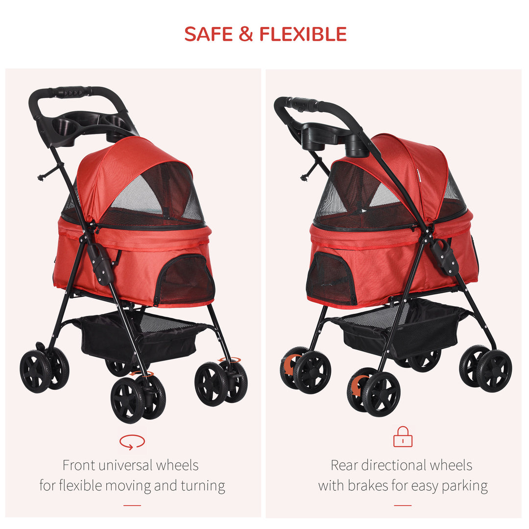 Dog Stroller with Rain Cover, Dog Pushchair One-Click Fold Trolley Jogger with EVA Wheels Brake Basket Adjustable Canopy Safety Leash for Small Dogs, Red