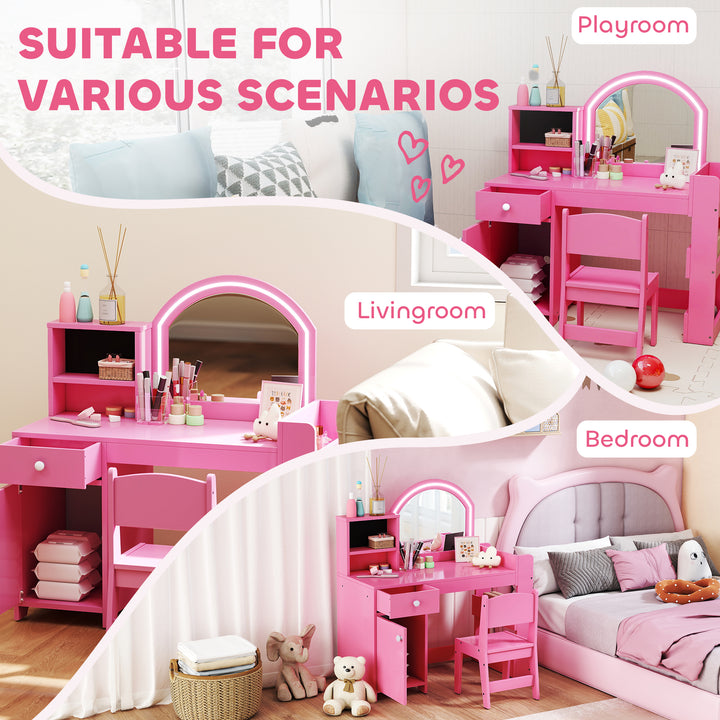 MCL Kids Vanity Table and Chair Set, Girls Dressing Table with 2-Colour LED Mirror, Stool, Cabinet, Drawer, Shelves, Pink