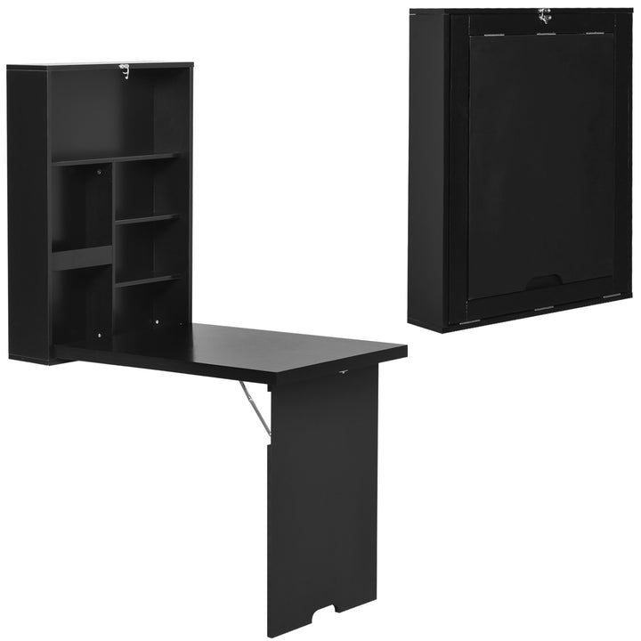 Folding Wall-Mounted Drop-Leaf Table, Convertible Wall Table With Chalkboard and Storage Shelf, Multifunctional Floating Desk for Home Office, Black