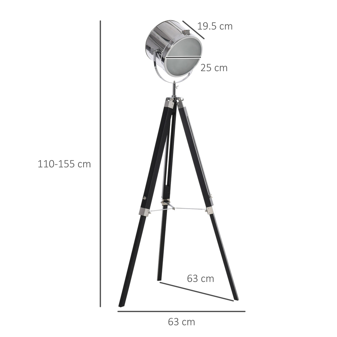 HOMCOM Industrial Style Adjustable Tripod Floor Lamp, Searchlight Lamp with Wooden Legs and Steel Lampshade, 110