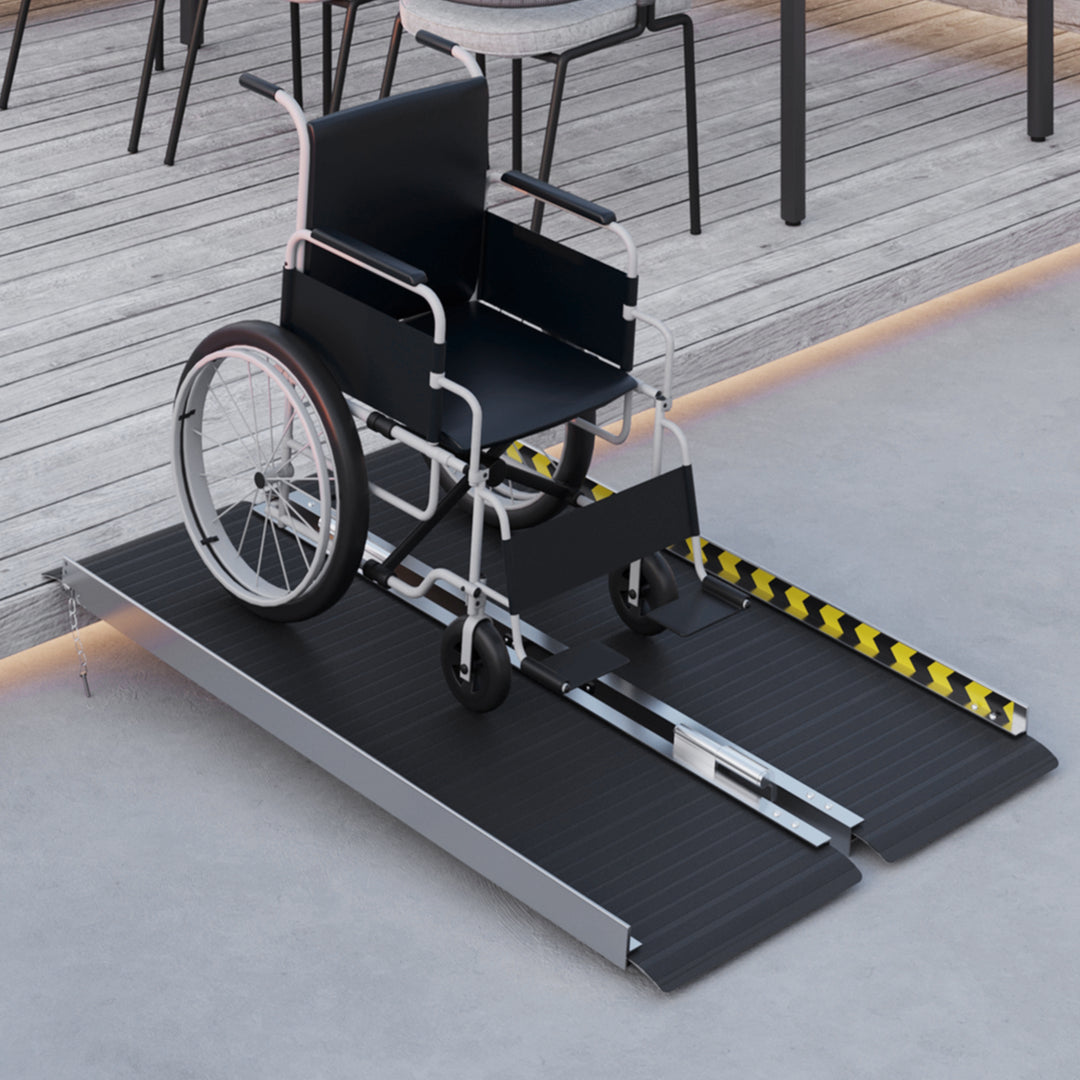 Wheelchair Ramp, 122L x 73Wcm, 272KG Capacity, Folding Aluminium Threshold Ramp with Non-Skid Surface, Transition Plates Above and Below for Home, Steps, Stairs, Curbs, Doorways