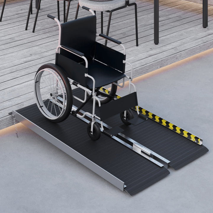 Wheelchair Ramp, 122L x 73Wcm, 272KG Capacity, Folding Aluminium Threshold Ramp with Non-Skid Surface, Transition Plates Above and Below for Home, Steps, Stairs, Curbs, Doorways
