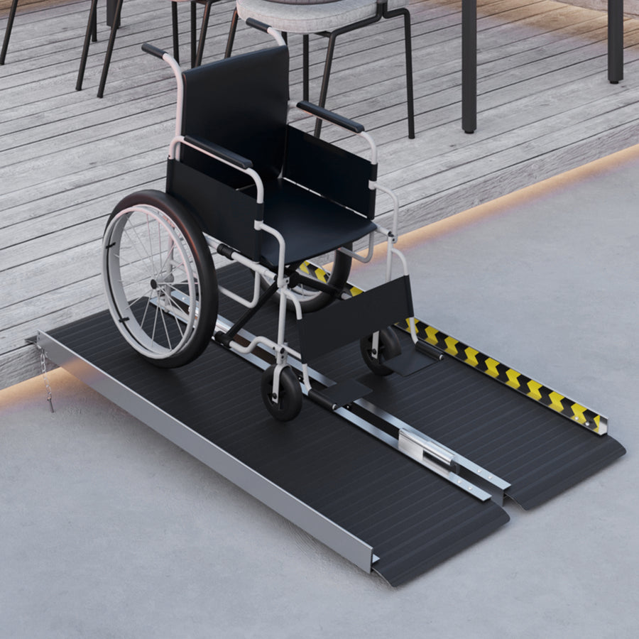 Wheelchair Ramp, 122L x 73Wcm, 272KG Capacity, Folding Aluminium Threshold Ramp with Non-Skid Surface, Transition Plates Above and Below for Home, Steps, Stairs, Curbs, Doorways