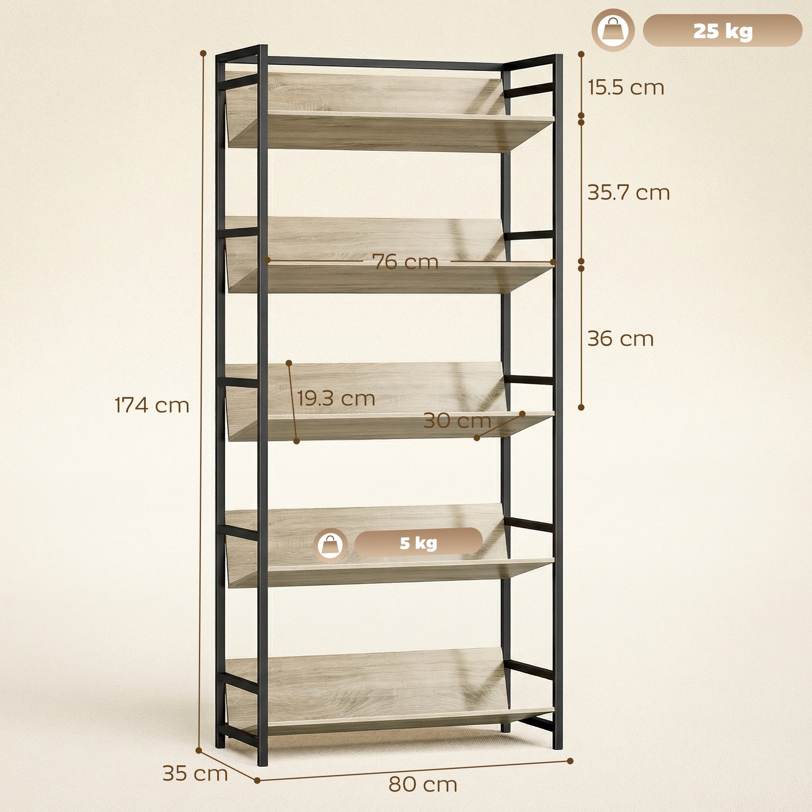 Bookshelf 5-Tier Metal Frame Bookcase Storage Shelves for Living Room 