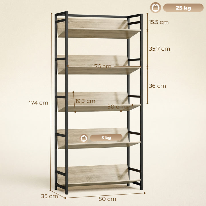 Bookshelf 5-Tier Metal Frame Bookcase Storage Shelves for Living Room 