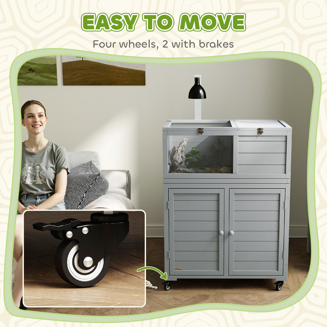 Wooden Tortoise House with Storage Cabinet, Openable Top, Lamp Holder, Windows, Light Grey