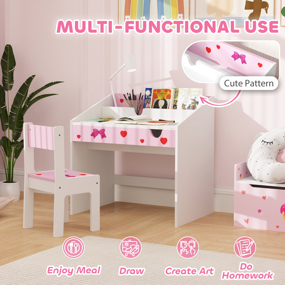 AIYAPLAY Children Study Table and Chair, Kids Desk and Chair Set with Storage, Pull-Out Drawer, for Ages 3-6 Years, Pink