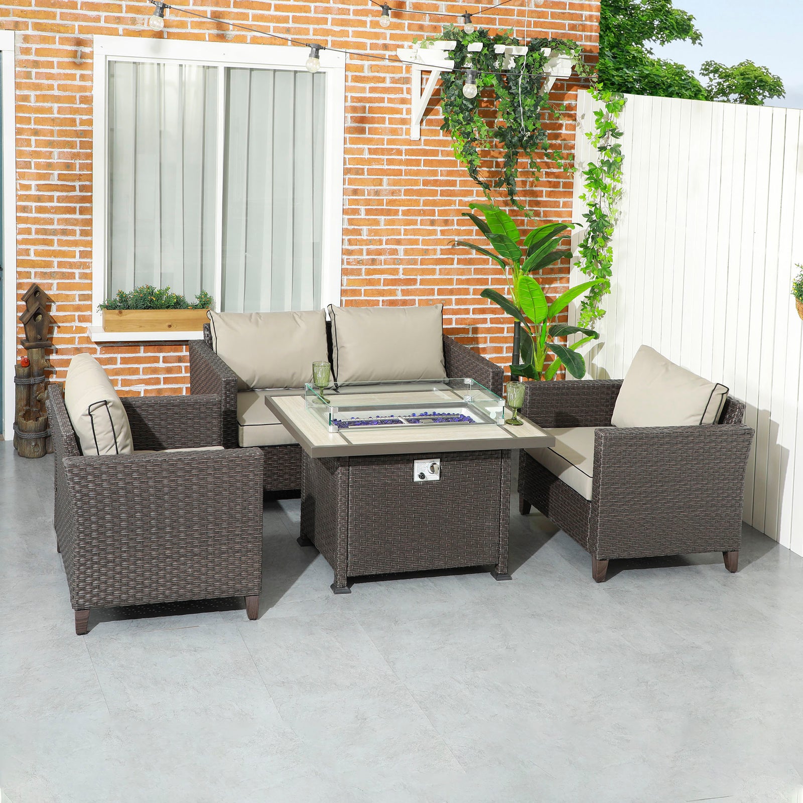 5-Piece Rattan Patio Furniture Set with Gas Fire Pit Table, Loveseat Sofa, Armchairs, Cushions, Pillows, Dark Brown