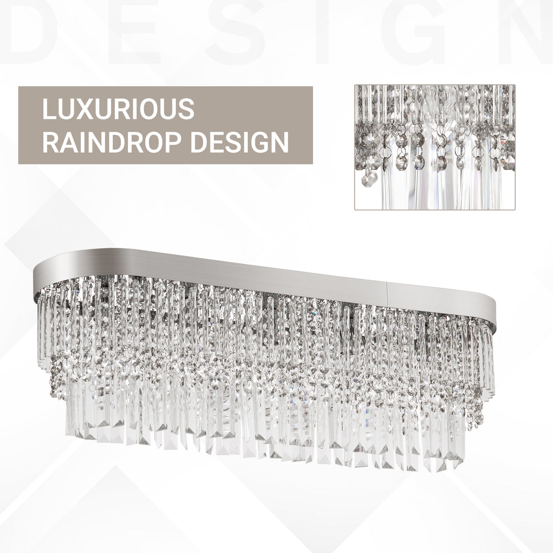 Modern Raindrop Crystal Chandelier, Round Rectangular hanging Ceiling Light, Linear Hanging Lighting with Stainless Steel Base, for Restaurant Kitchen Island Dining Room Hotel, Silver