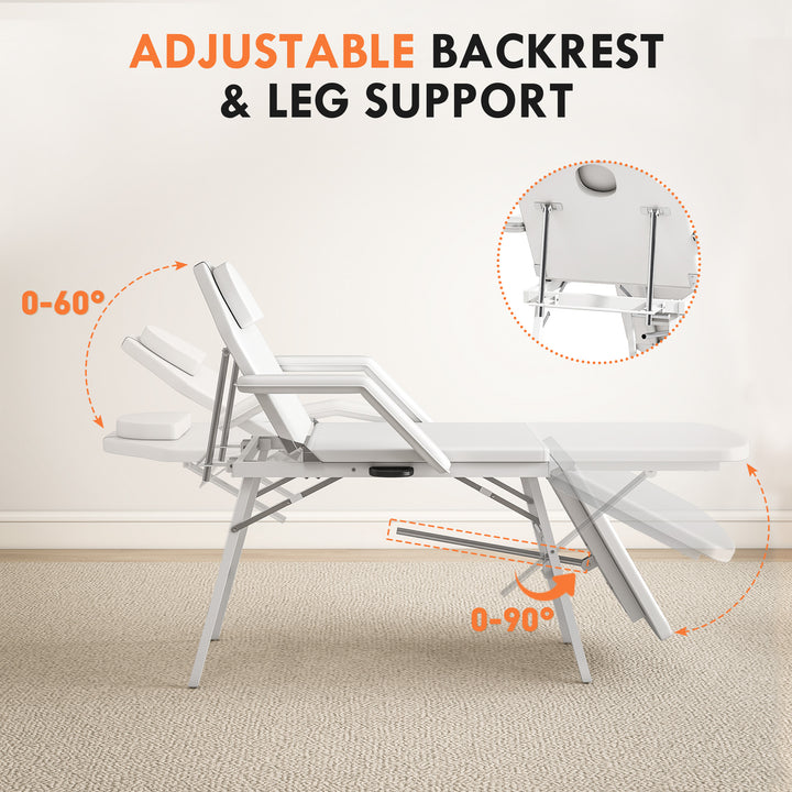 Portable Massage Table, 3 Section Adjustable Beauty Bed, Foldable Massage Bed with Face Hole, Recliner Chair with Removable Headrest and Armrests for Spa, Lash, Tattoo, White