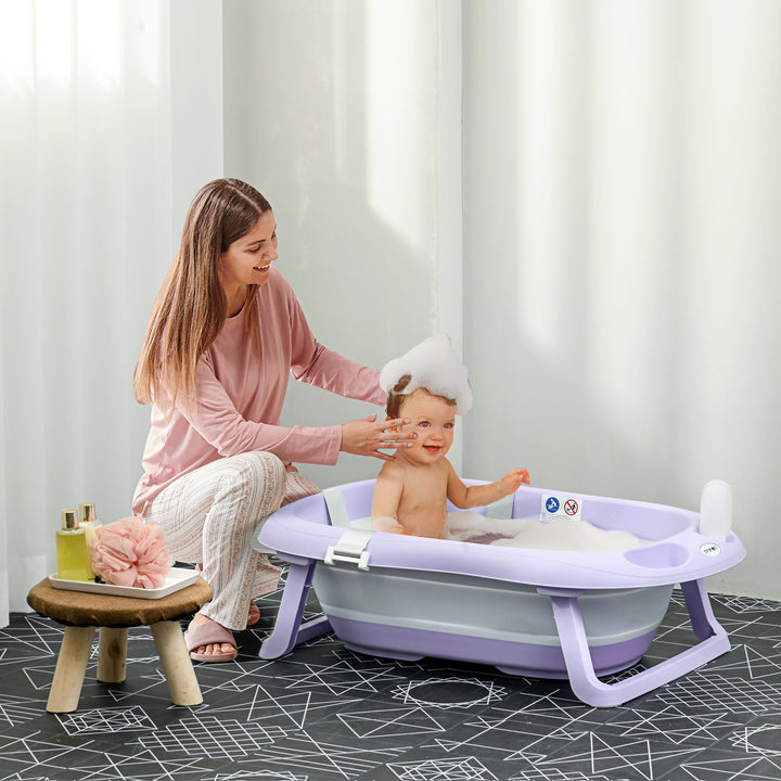 ZONEKIZ Foldable Baby Bath Tub, Bath Tub with Non-Slip Support, Cushion Pad, Drain Plugs, Shower Head Holder, for Newborn to 6 Years - Purple