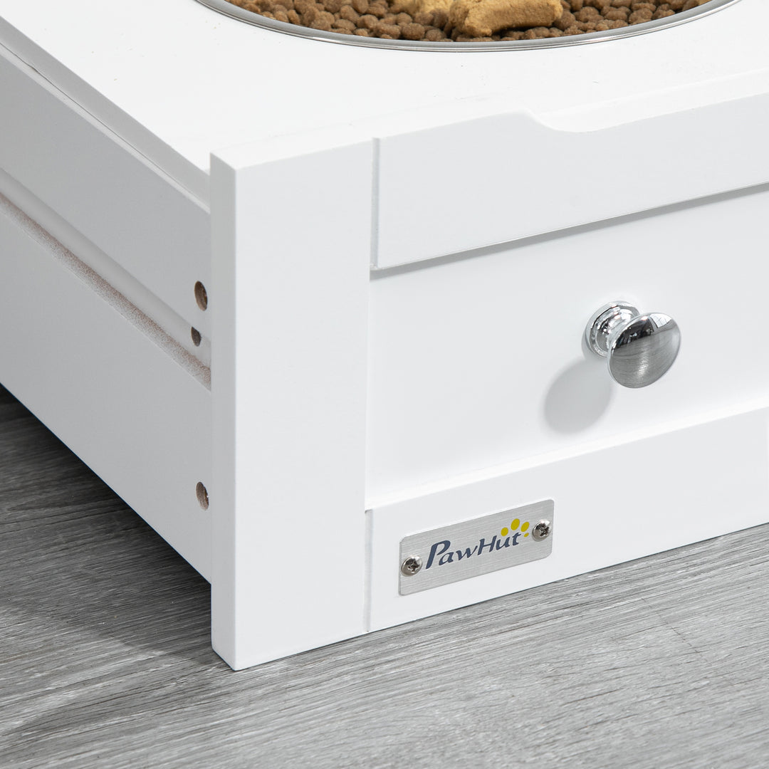 Pet Feeder Station, Dog, Cat Storage Container, with Raised Bowls, Hanger, Cabinet - White