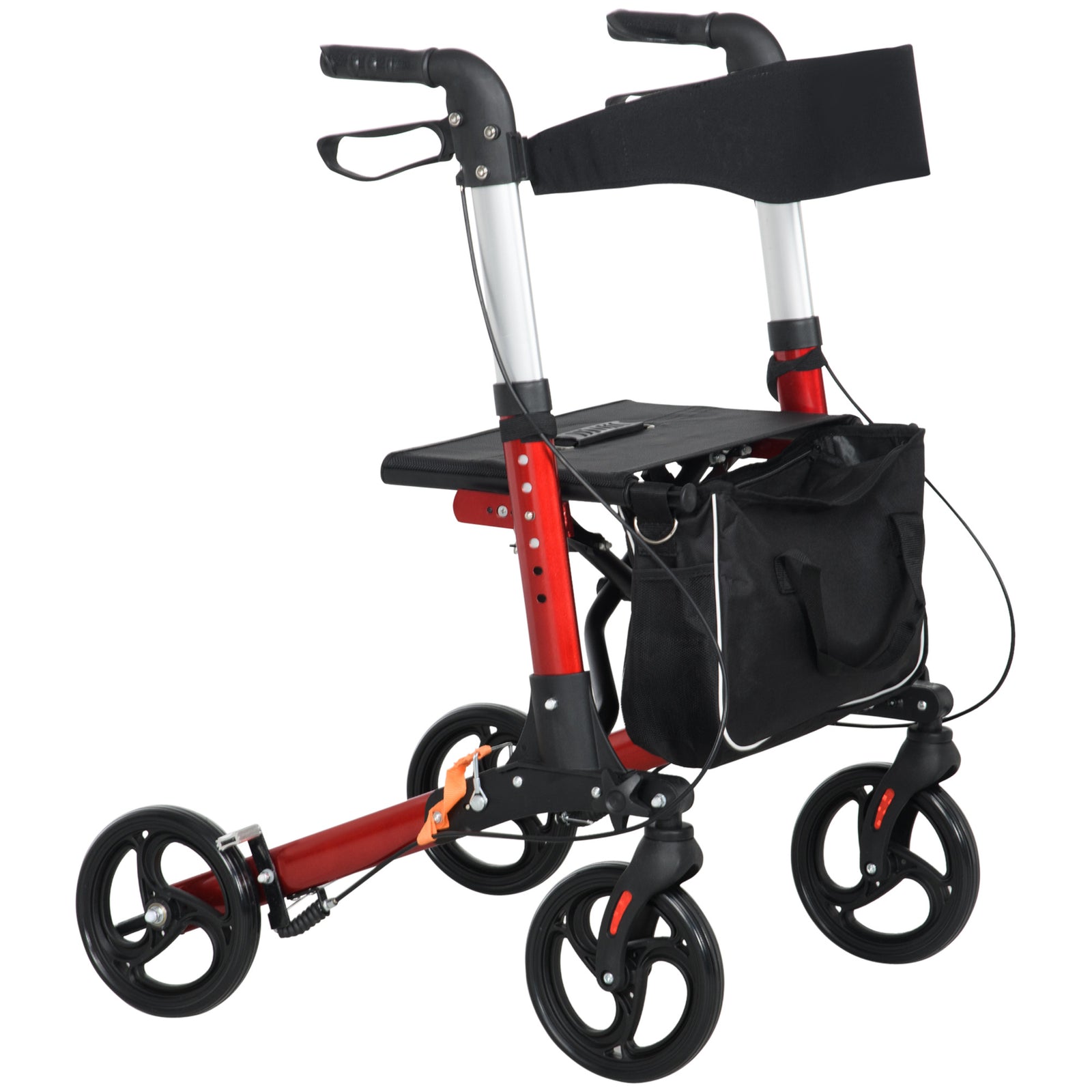 Folding Rollator Walker with Seat and Backrest, Lightweight Walking Frame with Detachable Storage Bag, Dual Brakes, Adjustable Handle Height, 4 Wheeled Walker for Seniors, Handicapped, Red