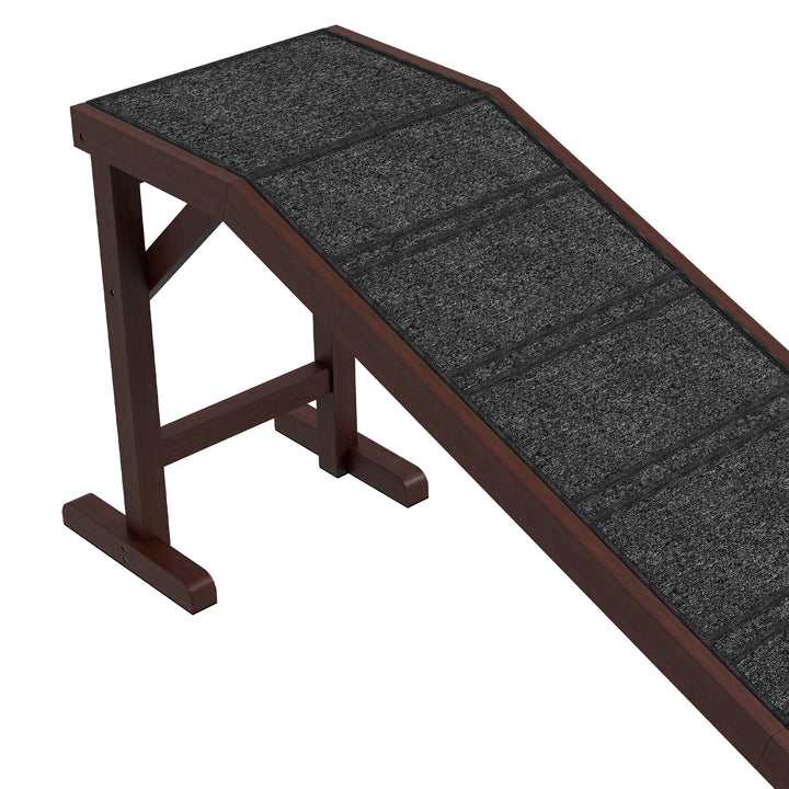 PawHut Pet Ramp for Dogs Non-slip Carpet Top Platform Pine Wood 188 x 40.5 x 63.5, Brown, Grey | Aosom UK