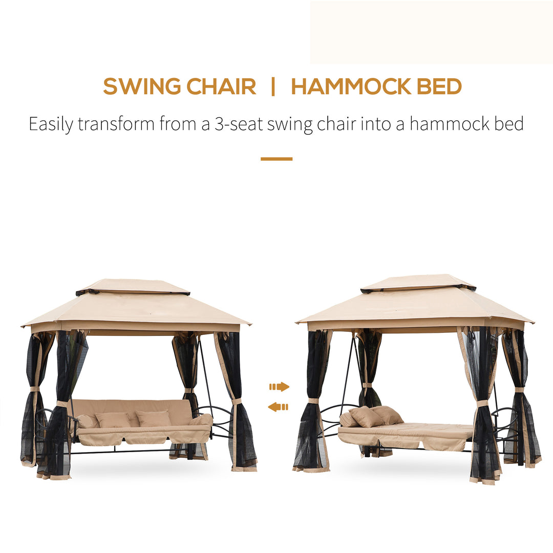 3 Seater Swing Chair 3-in-1 Convertible Garden Swing Seat Bed Gazebo Patio Bench Outdoor with Double Tier Canopy, Cushioned Seat, Mesh Sidewalls, Beige