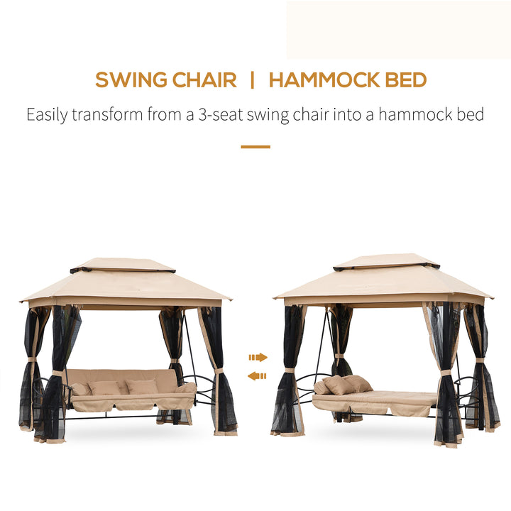 3 Seater Swing Chair 3-in-1 Convertible Garden Swing Seat Bed Gazebo Patio Bench Outdoor with Double Tier Canopy, Cushioned Seat, Mesh Sidewalls, Beige