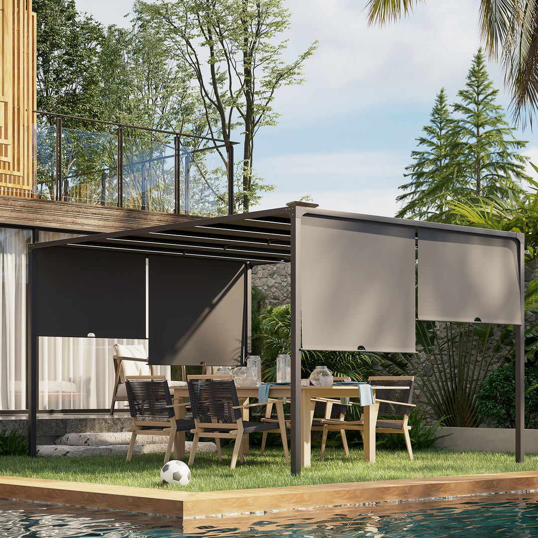 3(m) x 4m Metal Pergola with LED Lights, Outdoor Garden Pergola with Sliding Roof, Solar Powered, for BBQ, Lawn, Dark Grey