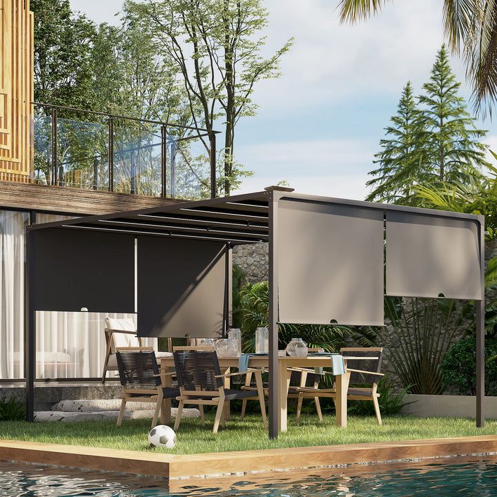 3(m) x 4m Metal Pergola with LED Lights, Outdoor Garden Pergola with Sliding Roof, Solar Powered, for BBQ, Lawn, Dark Grey