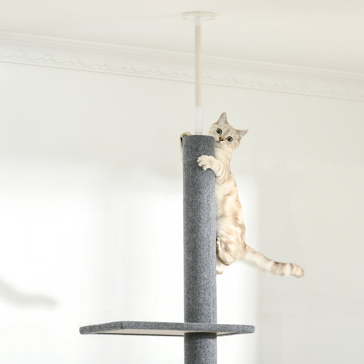 PawHut Cat Tree Tower, Floor to Ceiling with 3 Perches, Scratching Posts, Activity Centre for Kittens, Grey | Aosom UK