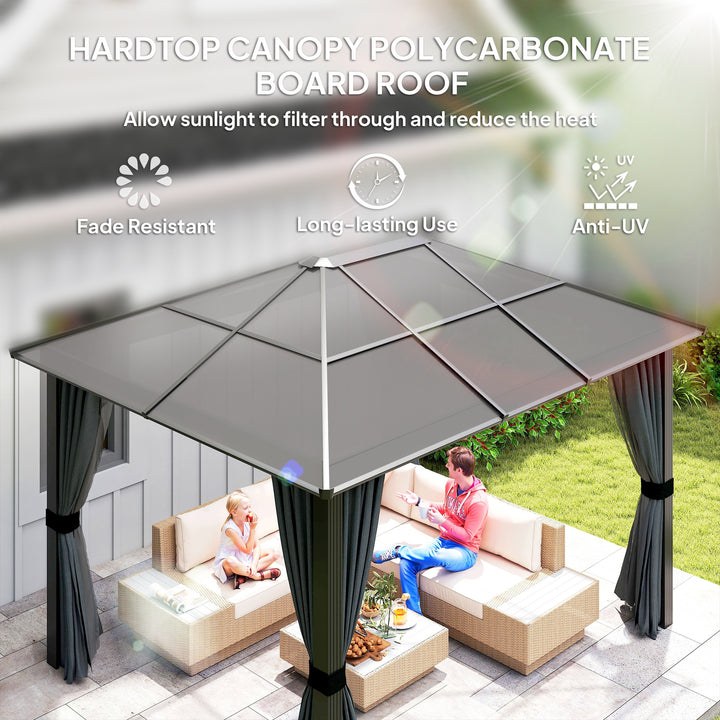 3 x 3.6m Hardtop Gazebo Canopy with Polycarbonate Roof, Aluminium Frame, Permanent Pavilion Garden Gazebo with Netting and Curtains for Patio, Deck, Dark Grey