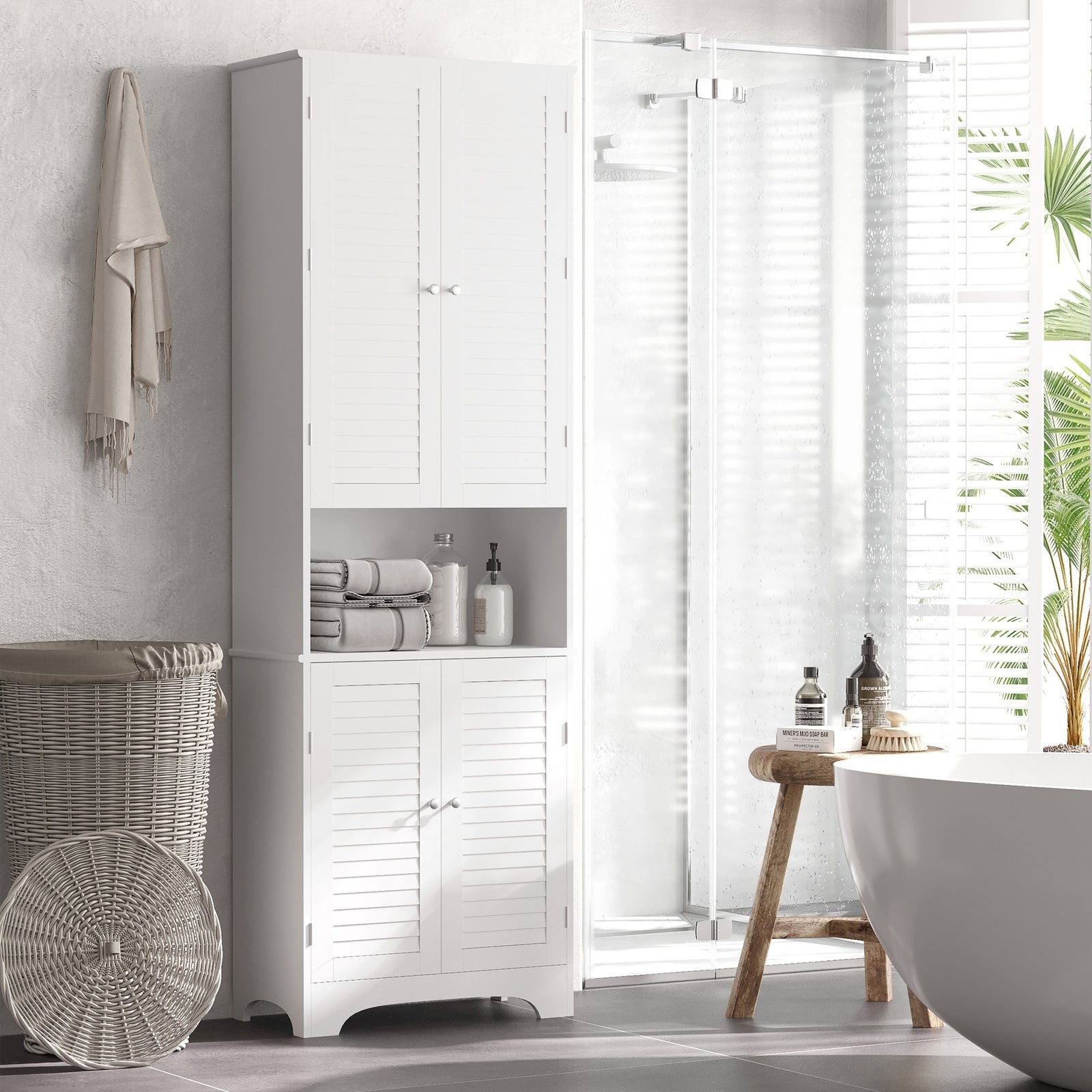 Tall Freestanding Bathroom Cabinet Retro Shutters w/ 3 Compartments Shelves Elevated Base Narrow Organiser White 60L x 30W x 182.5H cm