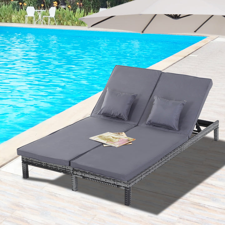 Outsunny 2 Seater Garden Double Rattan Sun Lounger Companion Reclining Recliner Wicker Weave Patio Outdoor Furniture Cushioned - Grey