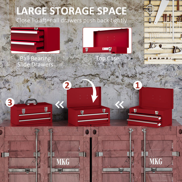 Lockable Metal Tool Box, 2 Drawer Tool Chest with Latches, Handle, Ball Bearing Runners, Red