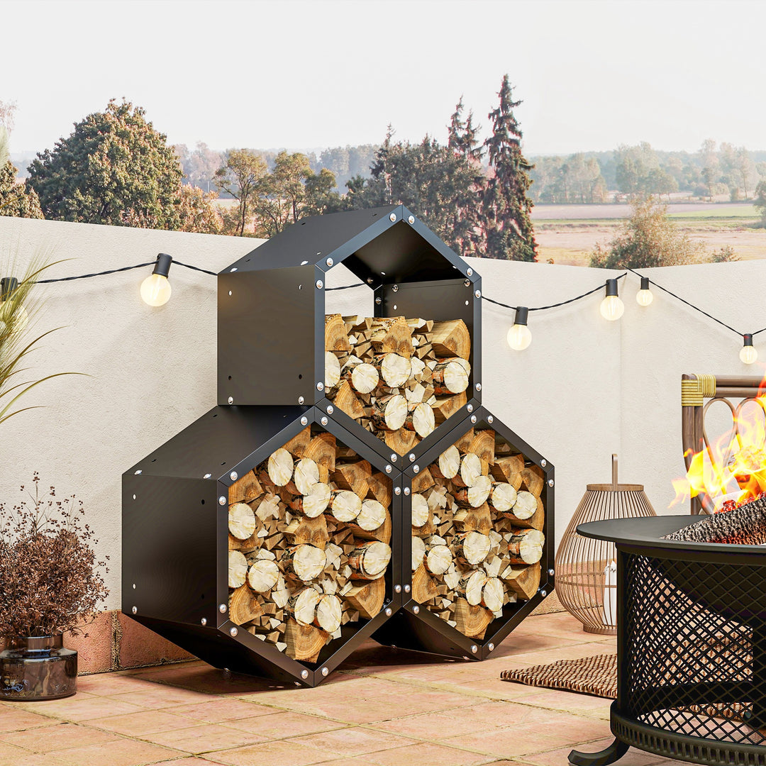 Outsunny Fireplace Log Rack, Steel Firewood Log Holder, 3 Hexagon Boxes, Indoor Outdoor Wood Storage Shelf, 113 x 37 x 113cm, Black | Aosom UK