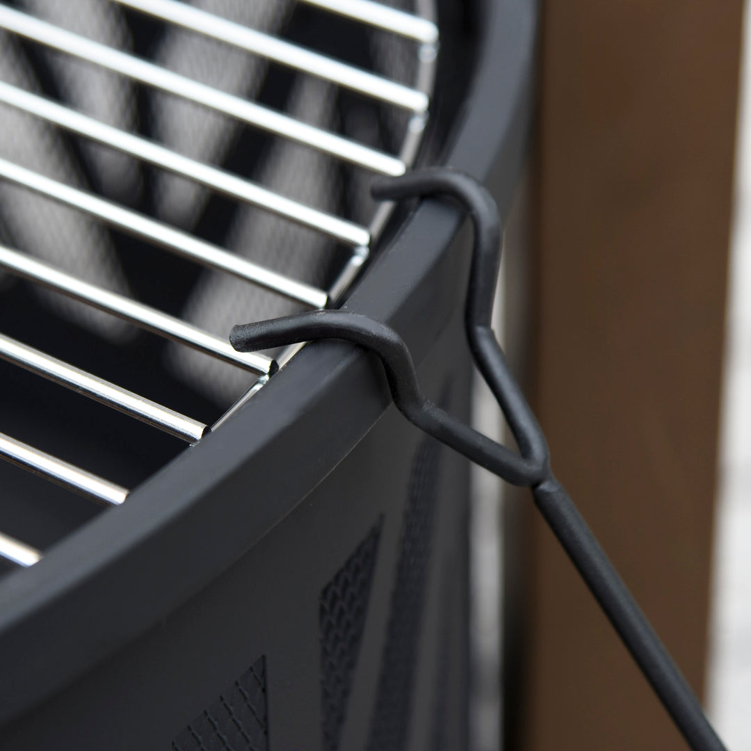 MCL Metal Large Firepit Bowl Outdoor 2-In-1 Round Fire Pit Brazier w/ Lid,  BBQ Grill, Poker for Backyard, Camping, Bonfire, Wood Burning Stove, 78 x 78 x 60cm, Black