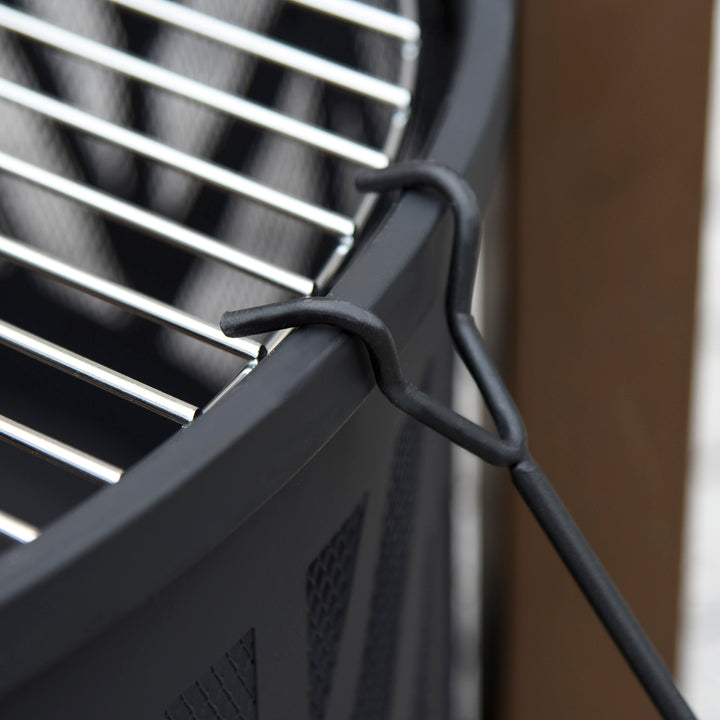 MCL Metal Large Firepit Bowl Outdoor 2-In-1 Round Fire Pit Brazier w/ Lid,  BBQ Grill, Poker for Backyard, Camping, Bonfire, Wood Burning Stove, 78 x 78 x 60cm, Black