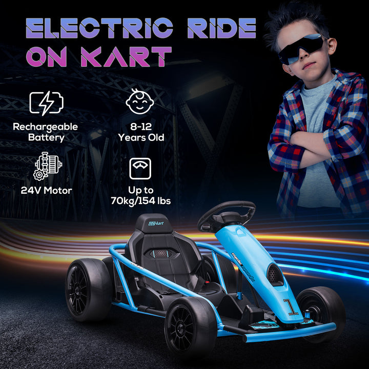 HOMCOM 24V Electric Go Kart for Kids, Drift Ride-On Racing Go Kart with 2 Speeds, for Boys Girls Aged 8-12 Years Old, Blue | Aosom UK