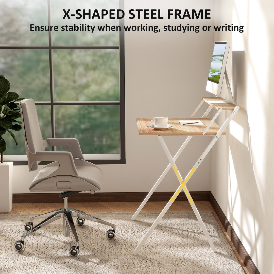 70 cm Folding Computer Desk with Monitor Shelf - Natural Wood Finish