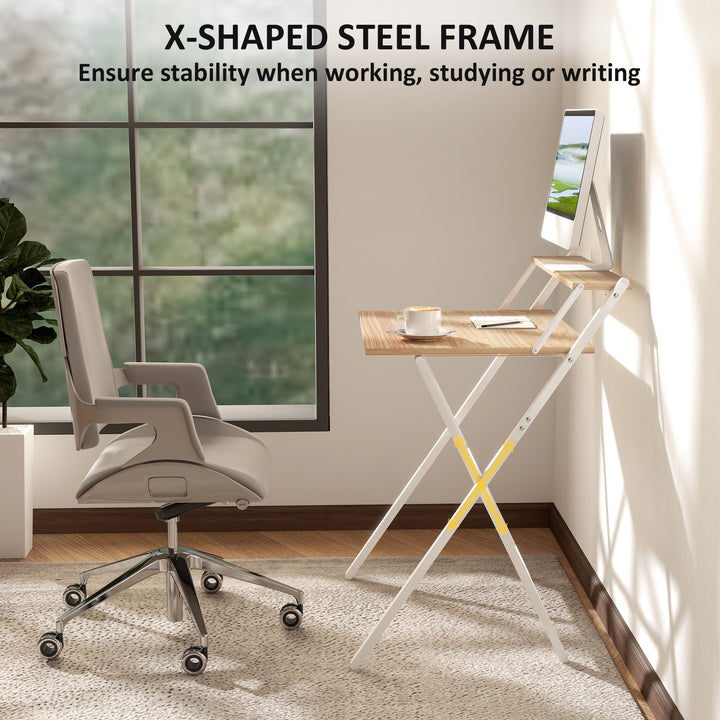 70 cm Folding Computer Desk with Monitor Shelf - Natural Wood Finish