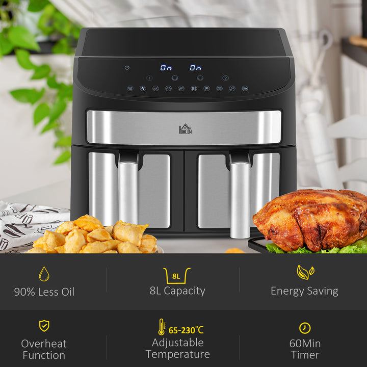 HOMCOM Dual Zone Air Fryer, 10-in-1 8L with Sync Cook & Sync Finish, 60-Minute Timer for Oil Free & Low Fat Cooking, 2400W | Aosom UK