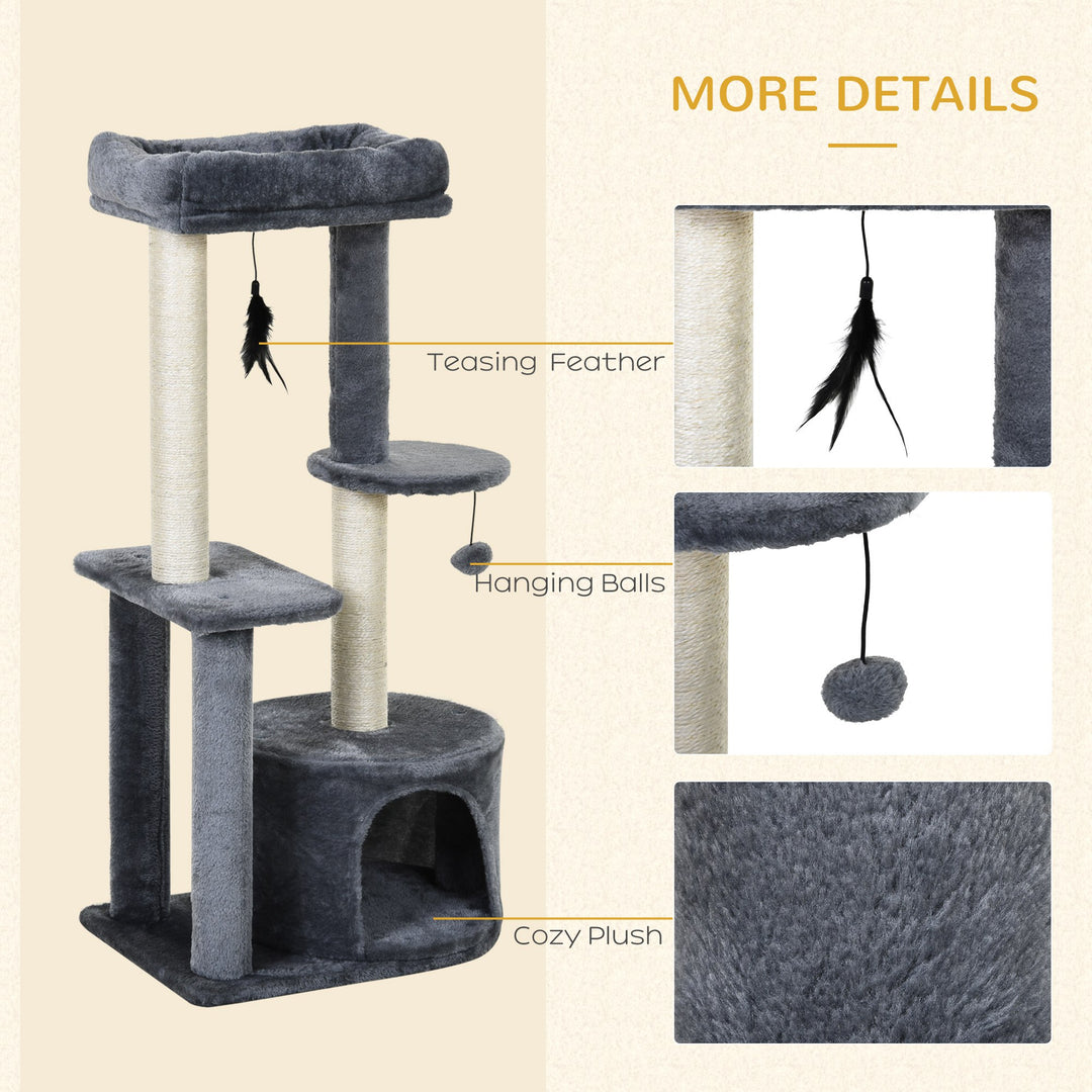 PawHut Cat Tree Tower: Multi-Activity Centre with Perch, House, Scratching Post, Play Ball & Rest Area, Grey & White | Aosom UK