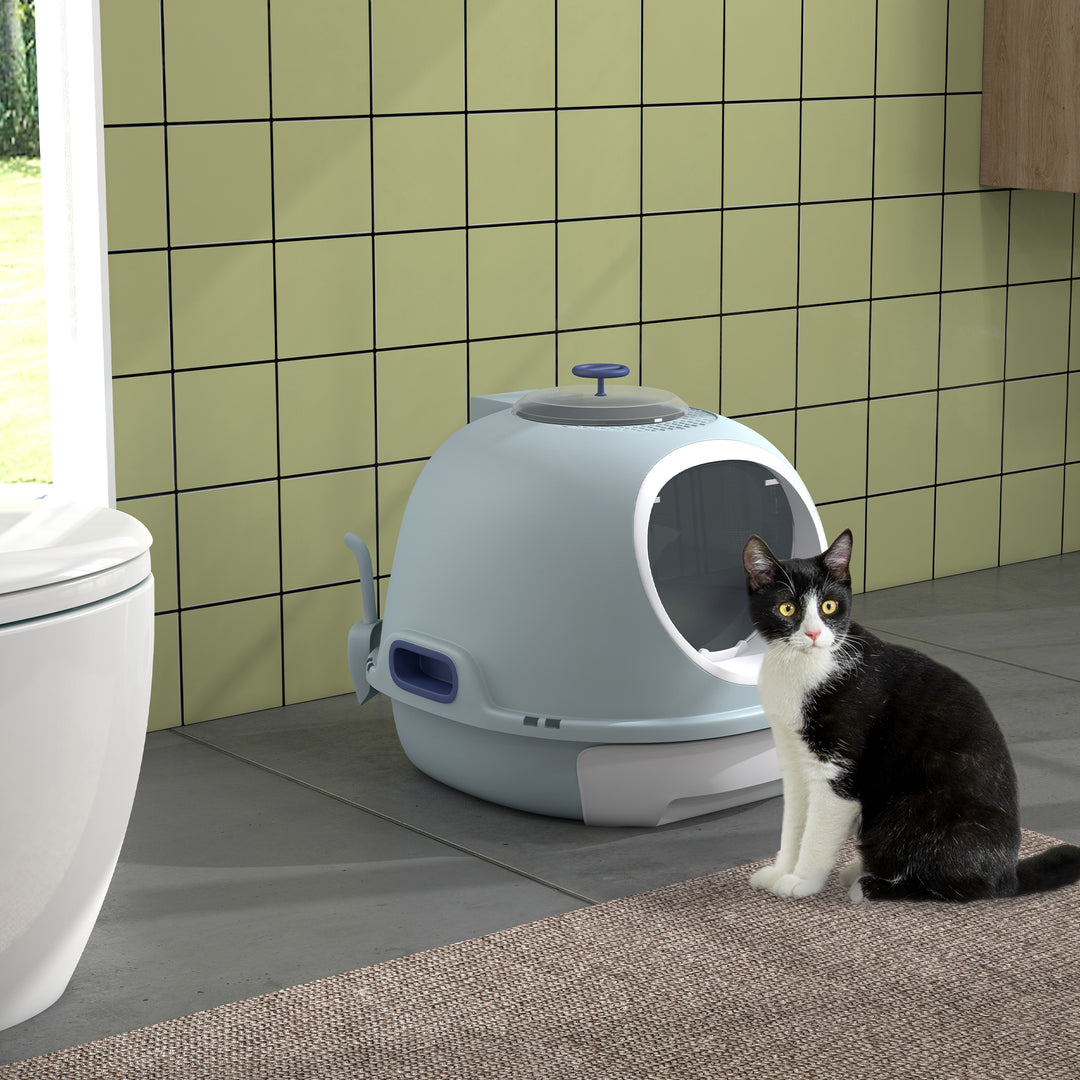 MCL Cat Litter Box Toilet with Litter Scoop Enclosed Drawer, Front Entry Top Exit, Easy To Clean Blue
