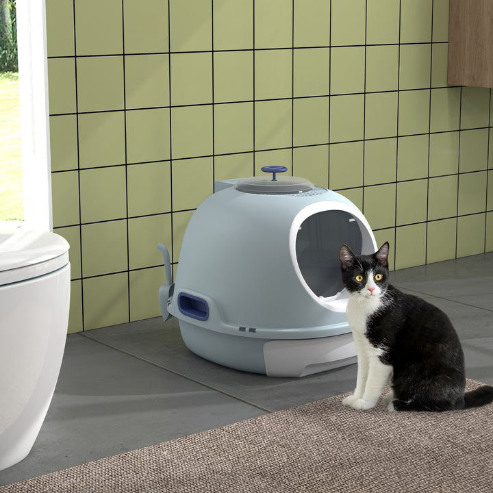 Cat Litter Box Toilet with Litter Scoop Enclosed Drawer, Front Entry Top Exit, Easy To Clean Blue