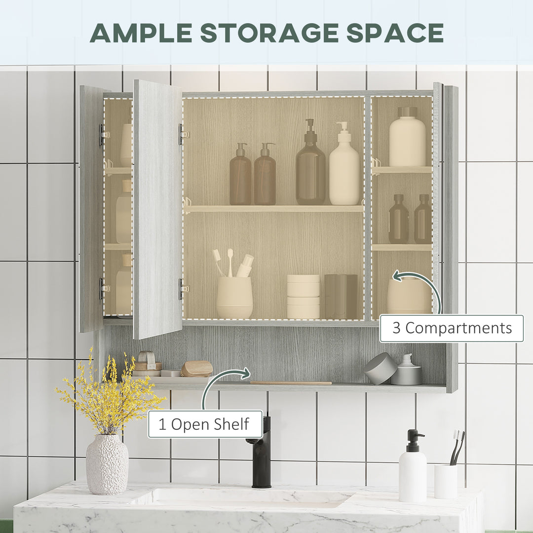 kleankin Wall Mounted Bathroom Mirror Cabinet, Storage with Adjustable Shelves, 3 Doors, Grey