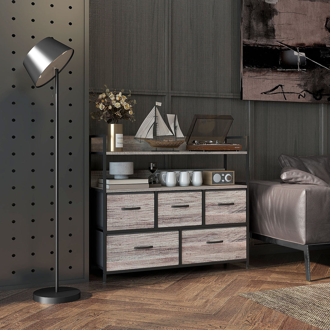 HOMCOM Rustic Chest of Five Fabric Drawers - Grey Wood Effect | Aosom UK