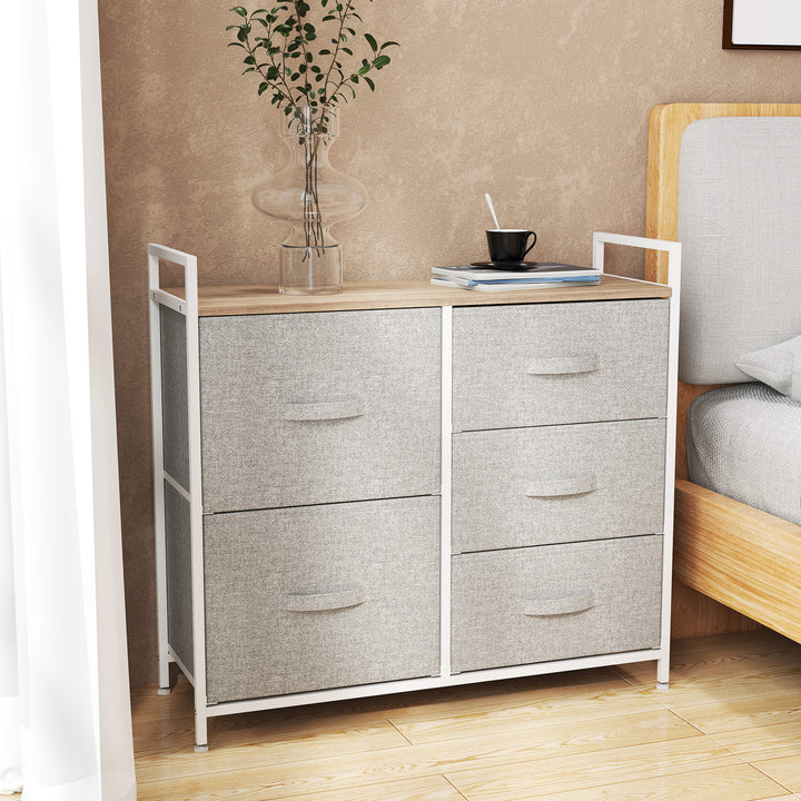 MCL 5 Drawer Linen Basket Storage Unit Home Organisation w/ Shelf Handles Metal Frame Adjustable Feet Hallway Home Dresser Grey