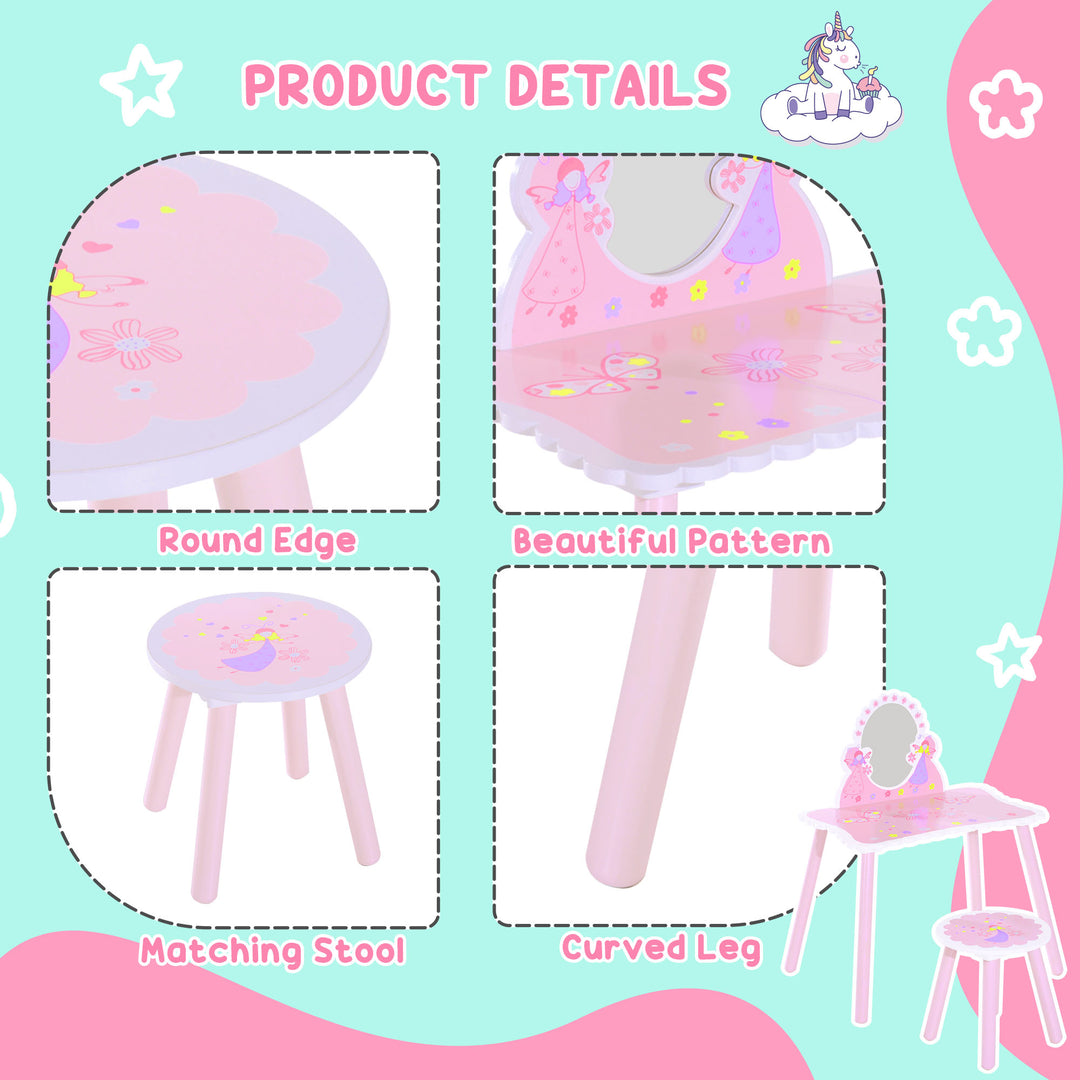MCL Kids Dressing Table Girls Pink Wooden Kids Dressing Table & Stool Make Up Desk Chair Toys Fairy Dresser Play Set w/Mirror
