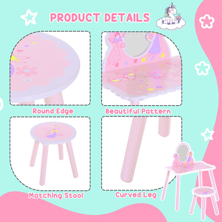 MCL Kids Dressing Table Girls Pink Wooden Kids Dressing Table & Stool Make Up Desk Chair Toys Fairy Dresser Play Set w/Mirror