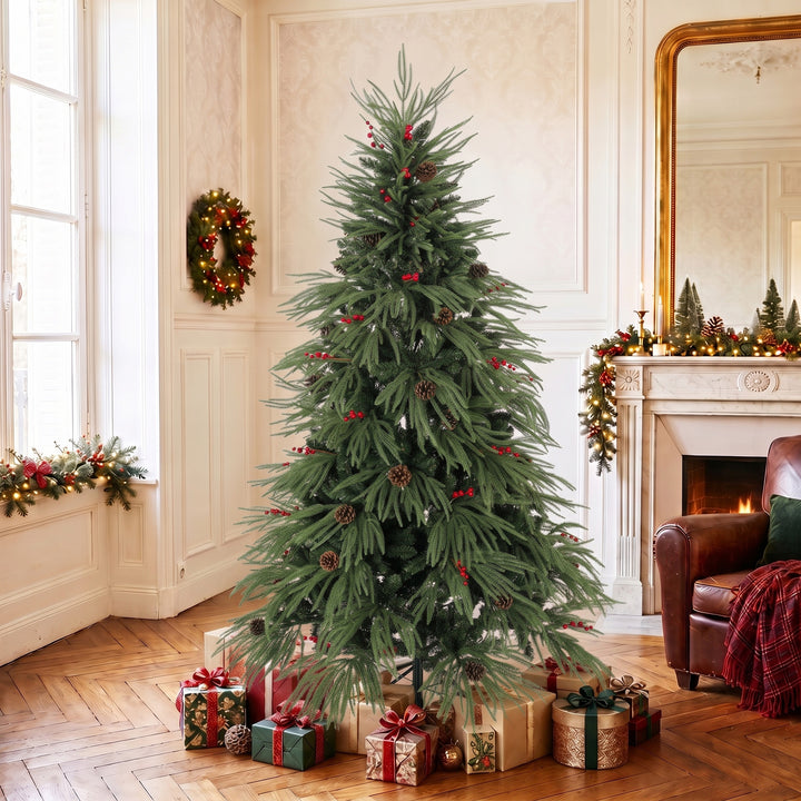 6ft Artificial Christmas Tree with Pinecones, Red Berries, Hinged - view 2