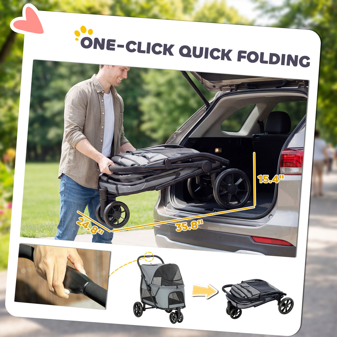 Dog Stroller, 3 Wheels Pet Stroller with Dual Entry, Easy One-Click Qu