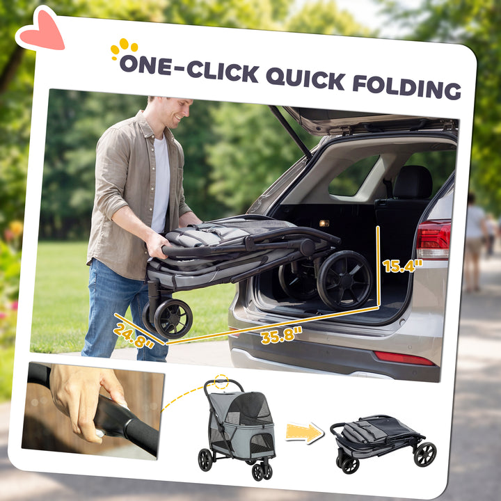 Dog Stroller, 3 Wheels Pet Stroller with Dual Entry, Easy One-Click Qu