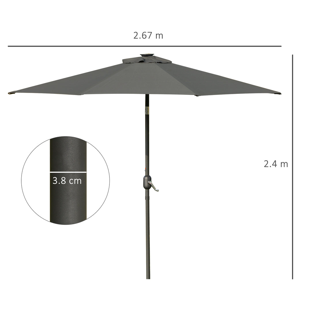 2.7m Patio Garden Umbrella Outdoor Parasol with Tilt Crank and 24 LEDs Lights (Grey)