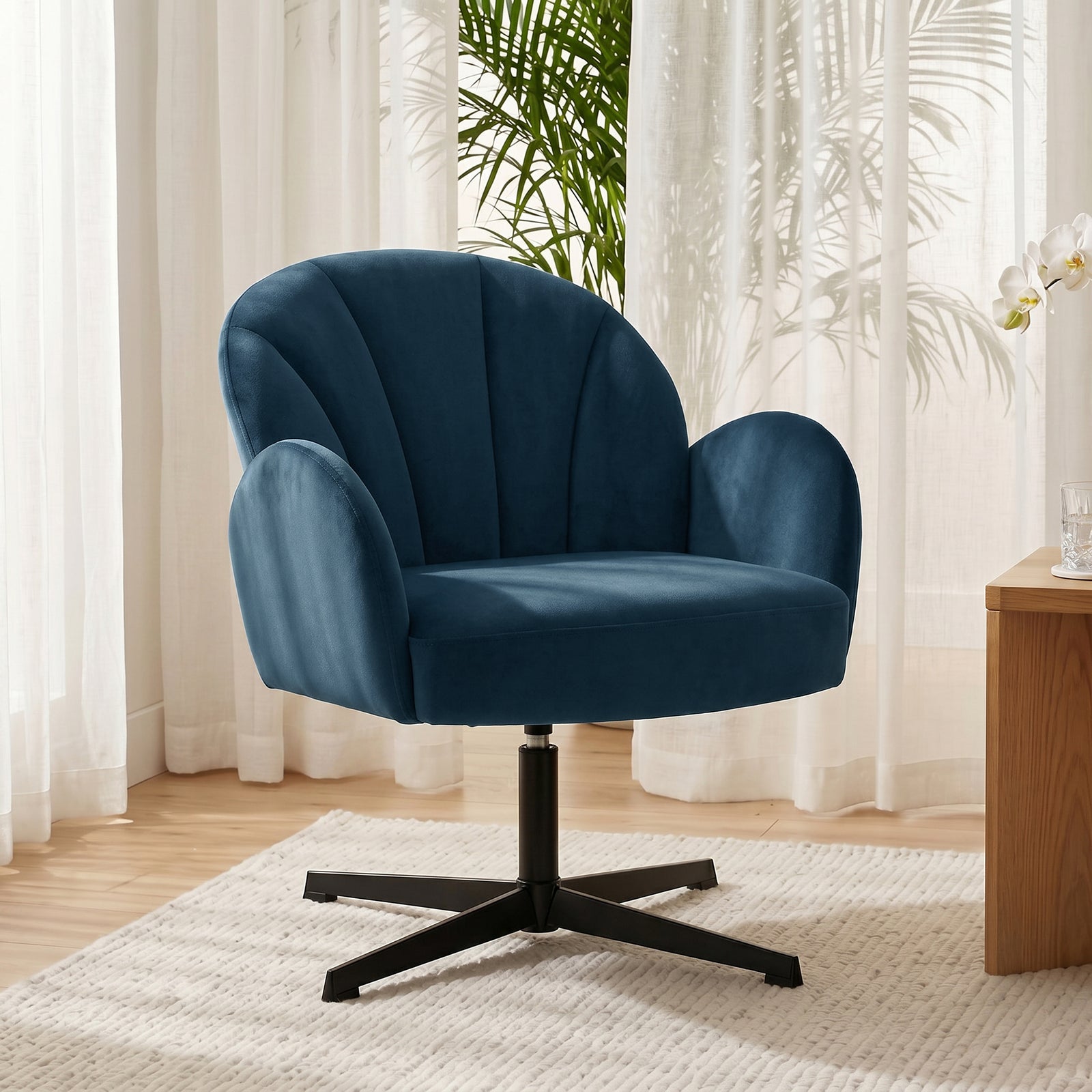 Swivel Accent Chair, Shell-Shaped Armchair with Spring Cushion, Metal 