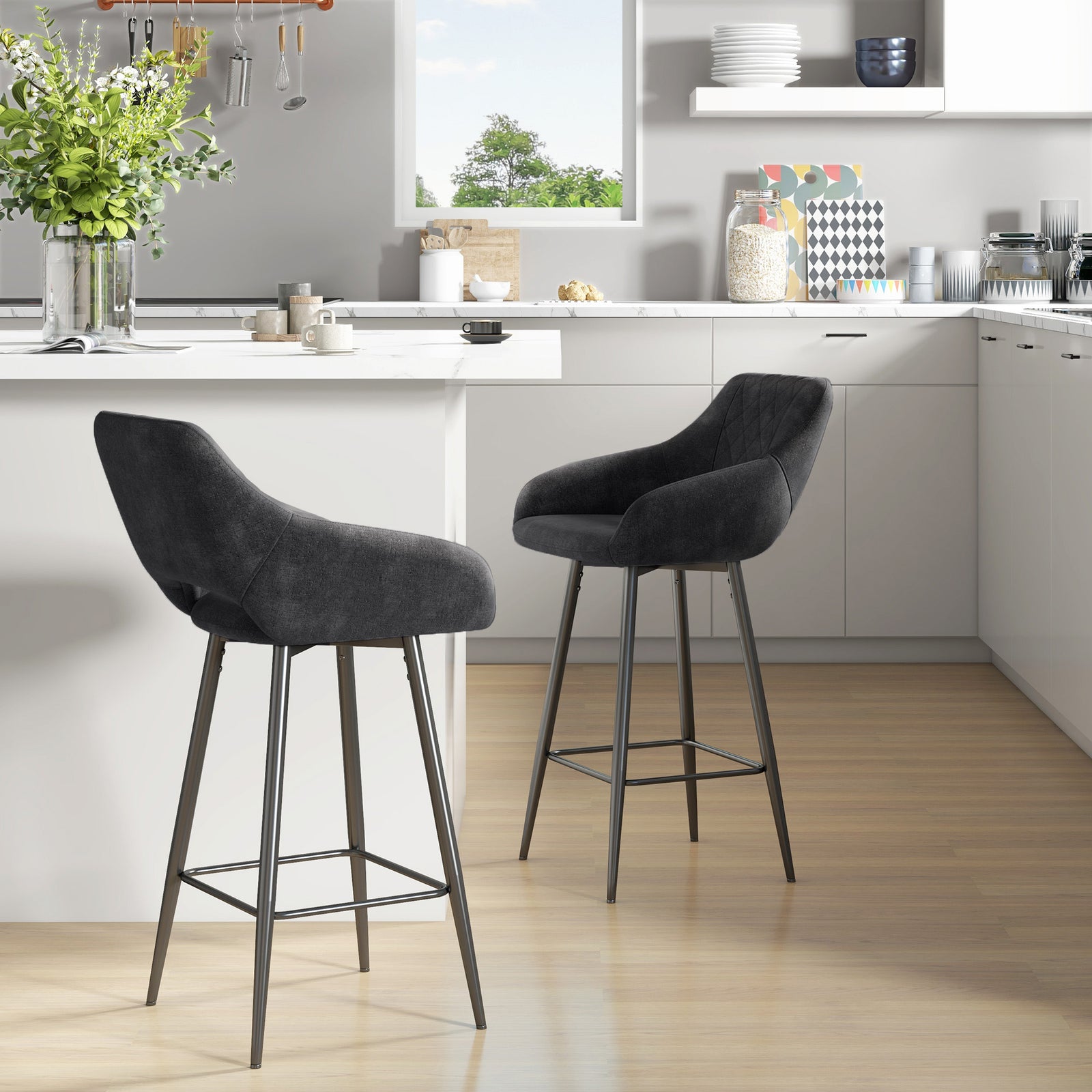 Set of Two Velvet-Feel Bar Stools - Grey